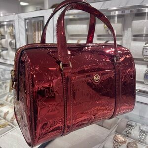 MICHAEL KORS Jet Set Medium Metallic Logo Debossed Satchel
Cherry 
NWT